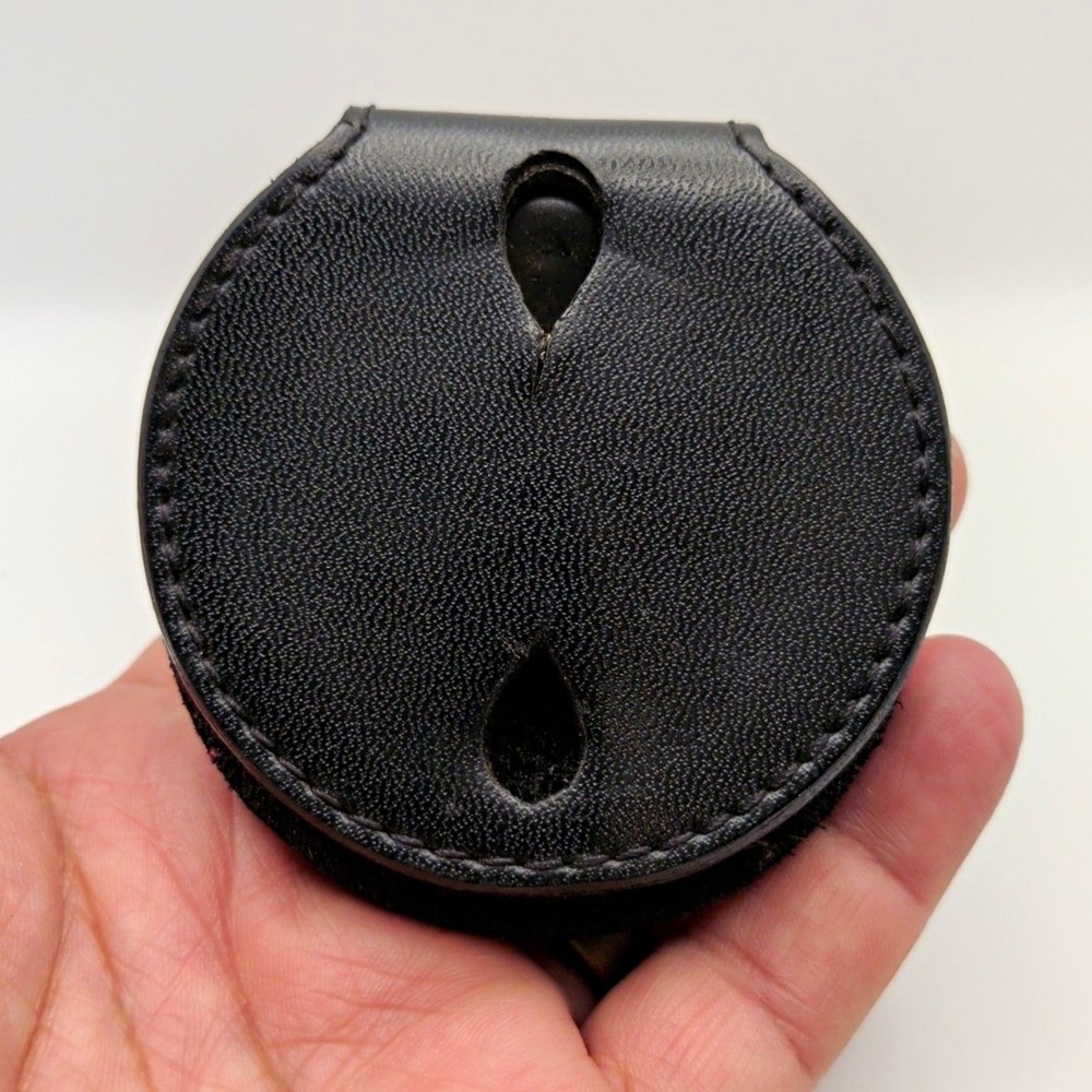 Dutyman Black Leather Round Clip-On Badge Holder with Belt Clip Holder